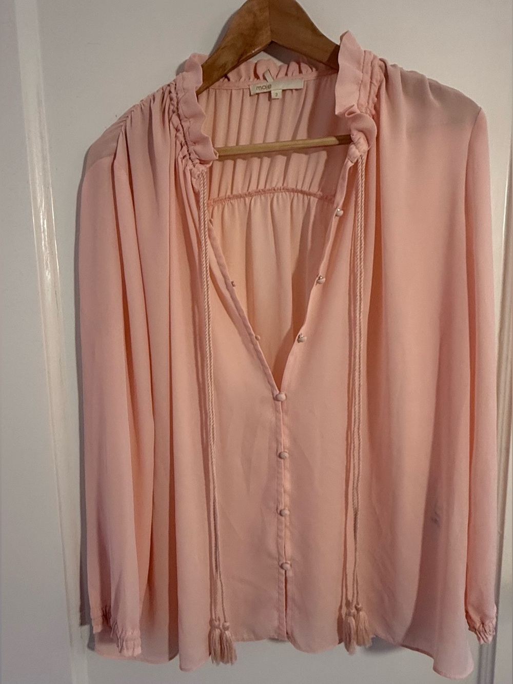 Maje Blush Pink Tie-Front Peasant Blouse
